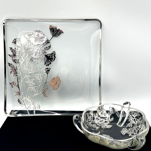 Vintage 50s Silver City Sterling Overlay Poppy Floral Serving Platter Candy Dish - Picture 1 of 13
